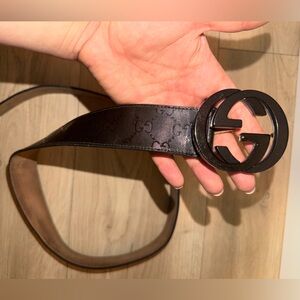 Authentic Gucci Black GG Monogram Leather Belt with Black Interlocking G Buckle